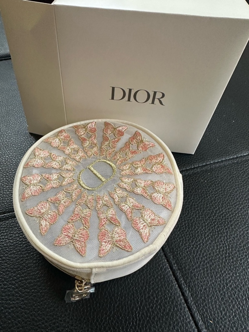 Dior Round Embroidered Butterfly Pouch in Pink and Gold